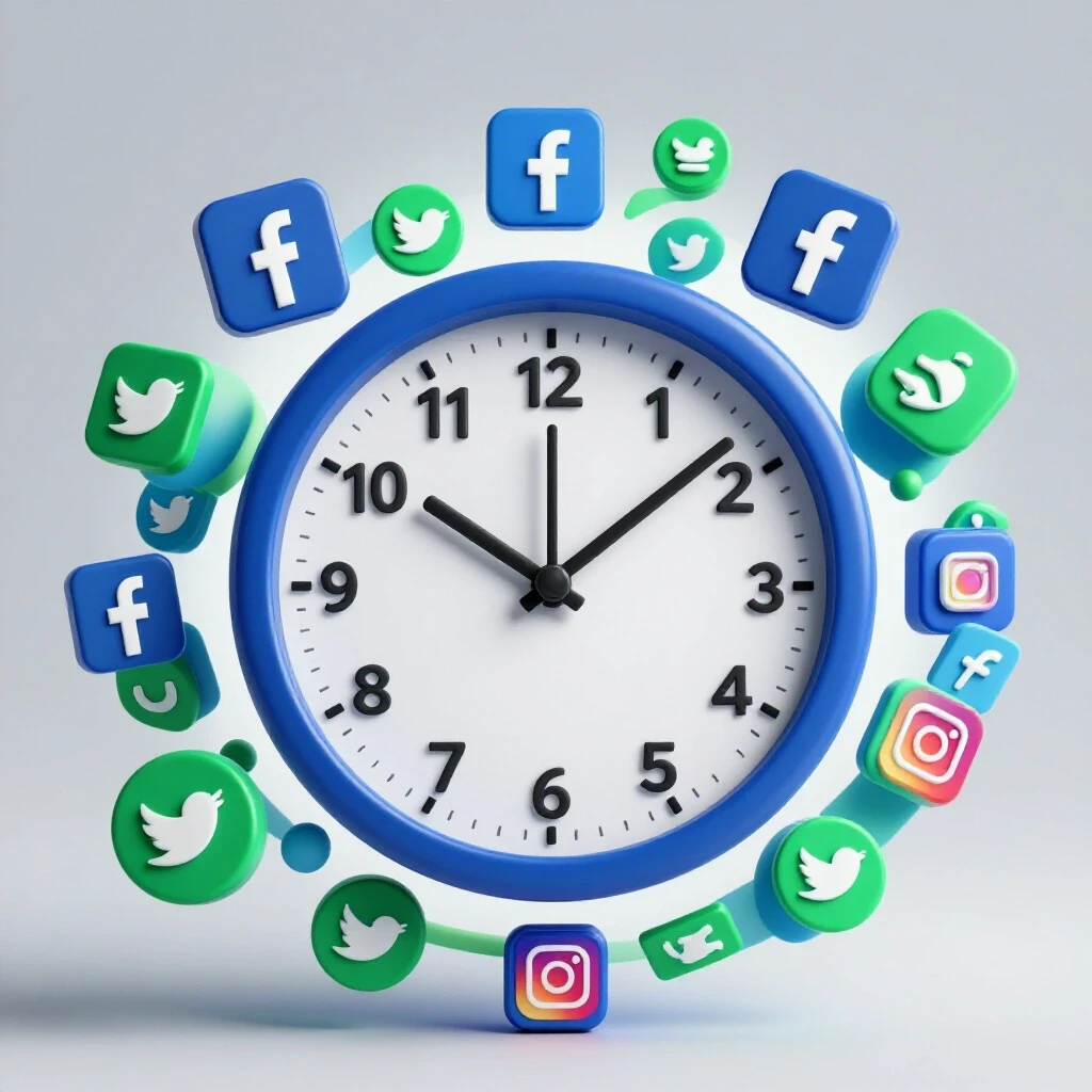 A vibrant 3D clock with social media icons swirling around it, emphasizing timing for Facebook engagement.