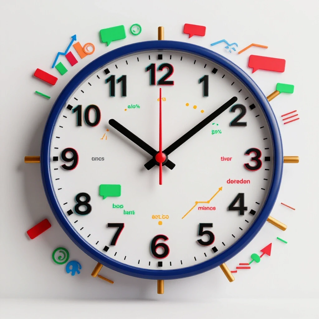 A vibrant clock face with TikTok logos as hour and minute hands, surrounded by colorful engagement metrics on a clean background.