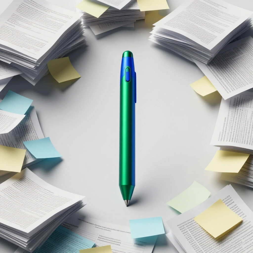 A vibrant digital drafting tool rests atop a chaotic pile of papers and sticky notes, symbolizing streamlined workflows.