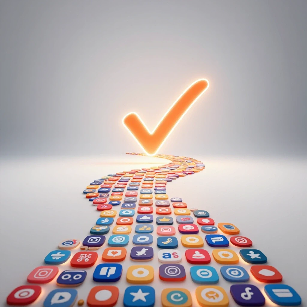 A luminous path made of social media icons leading to a glowing checkmark, symbolizing approval.