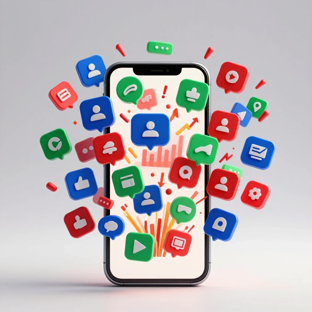 A smartphone with social media icons and colorful graphs bursting from it, symbolizing performance alerts.