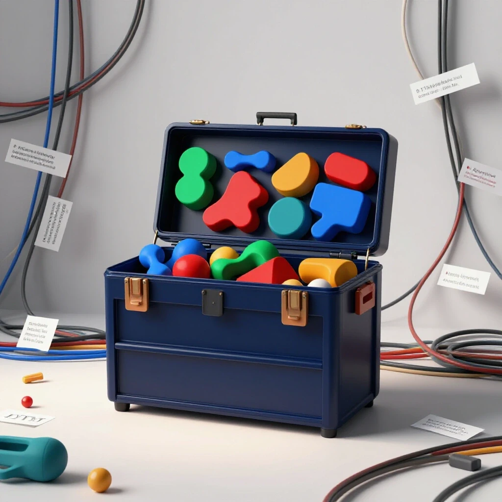 A modern toolbox filled with colorful abstract shapes representing UTM links against a chaotic background of tangled wires and labels.