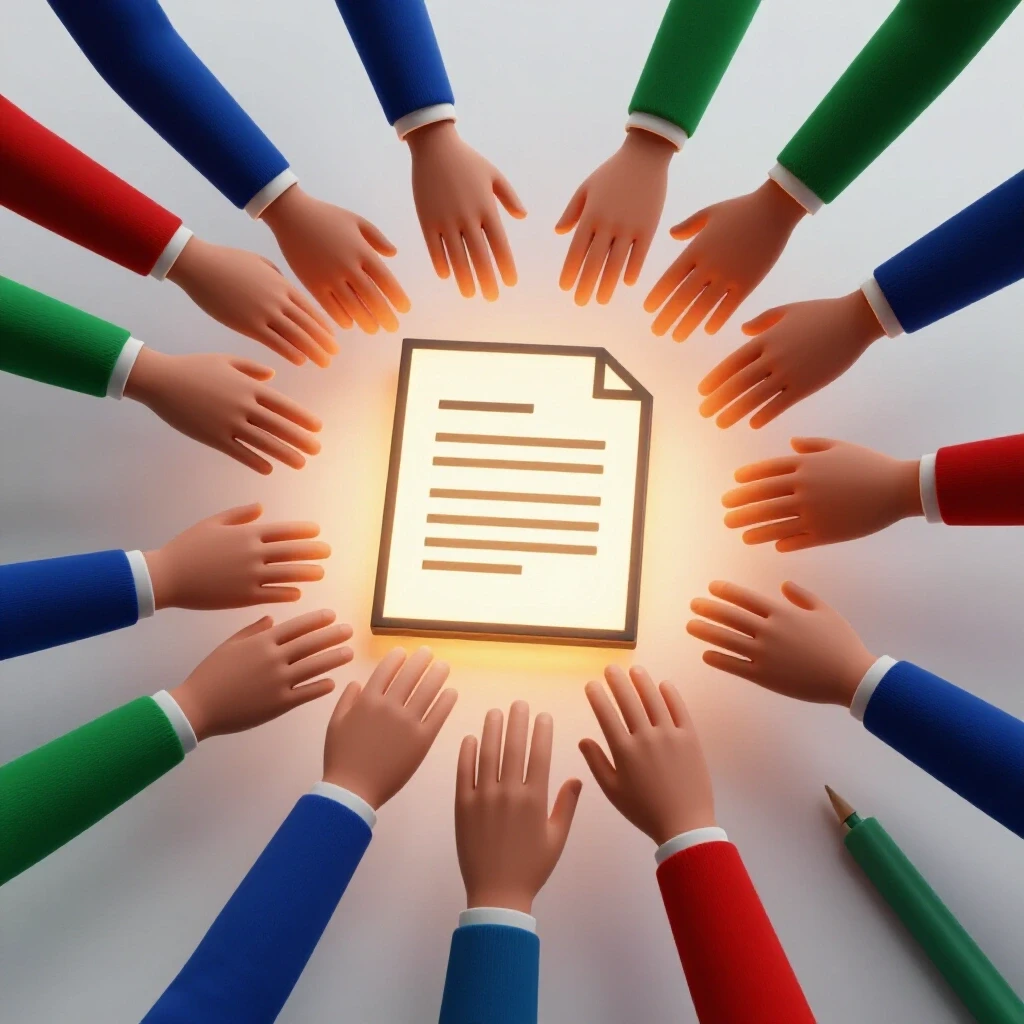 Diverse hands reaching towards a glowing approval document, symbolizing teamwork in content workflows.