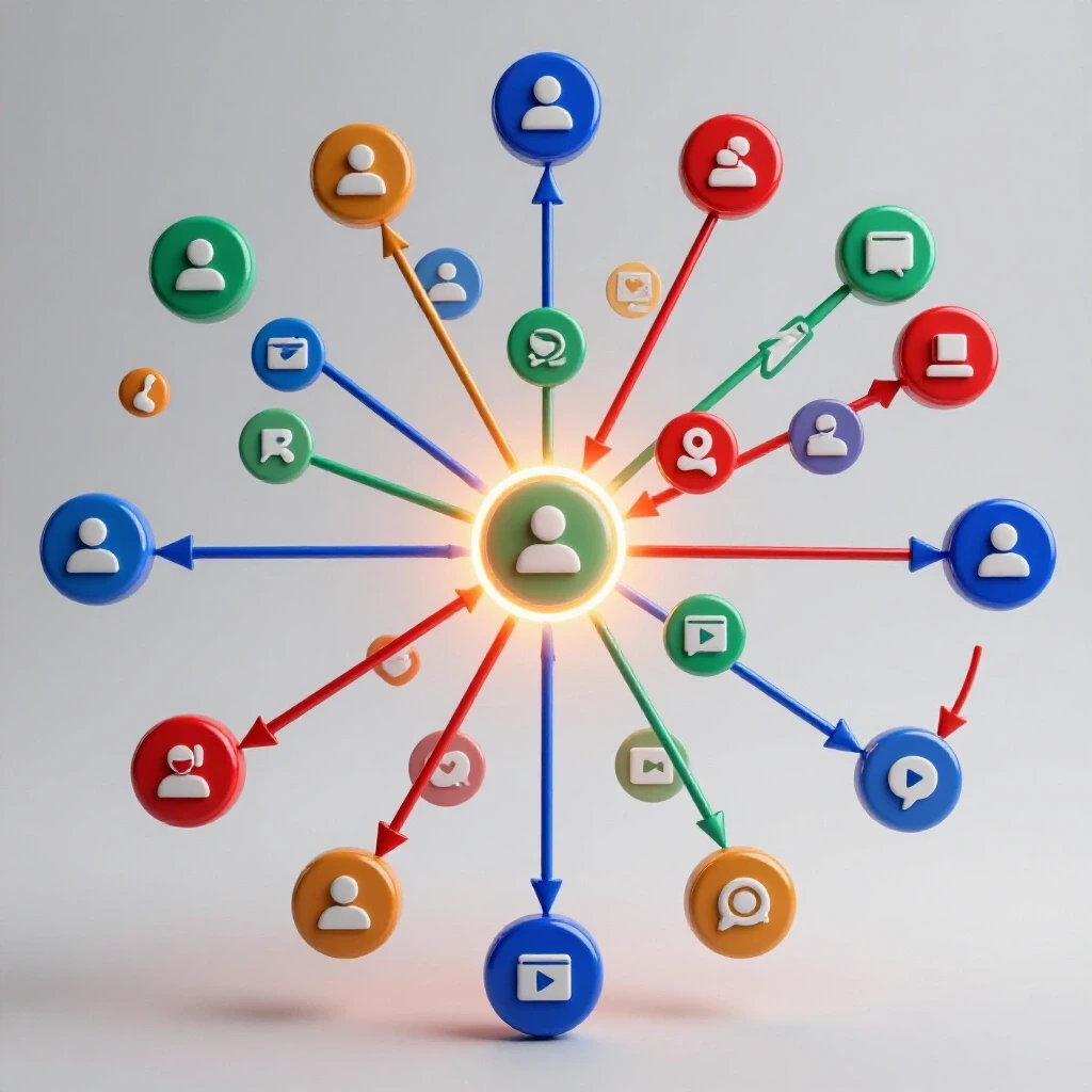A vibrant web of social media icons connected to a glowing hub, symbolizing multi-account posting efficiency.
