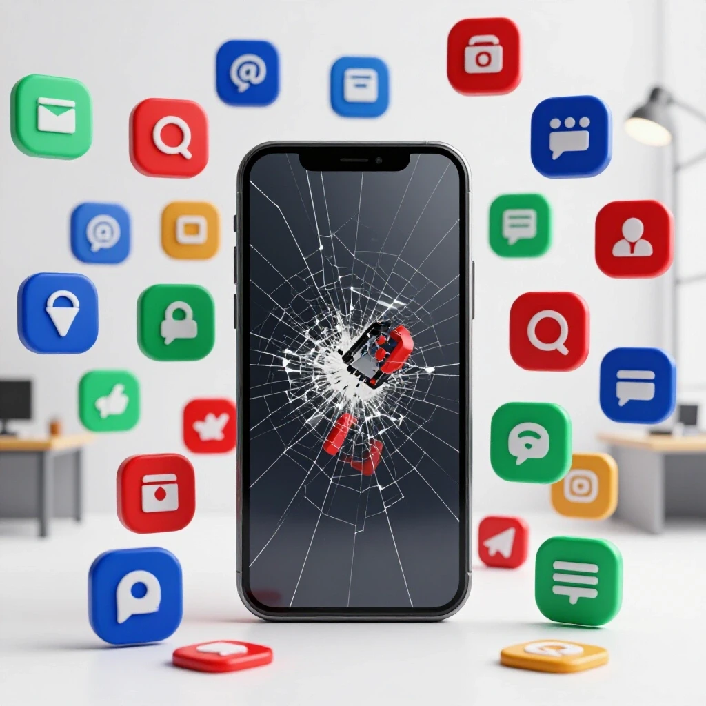 A cracked smartphone screen surrounded by bright social media icons on a clean white background, symbolizing publishing errors.