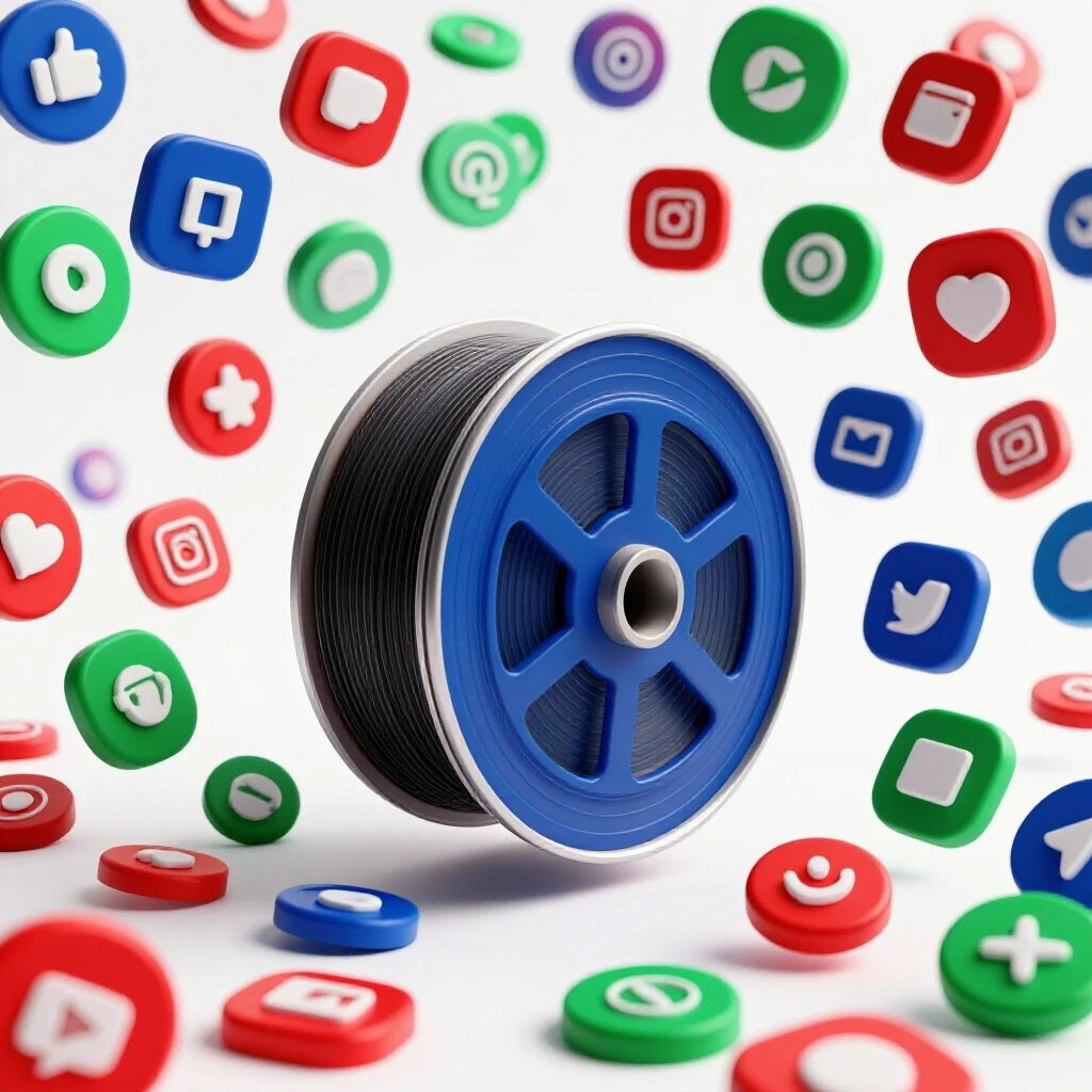 A dynamic 3D reel spool surrounded by colorful social media icons on a bright background.