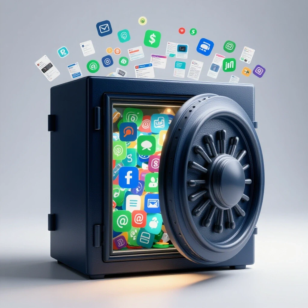 A digital vault overflowing with vibrant social media icons, symbolizing content preservation, illuminated in a bright studio setting.