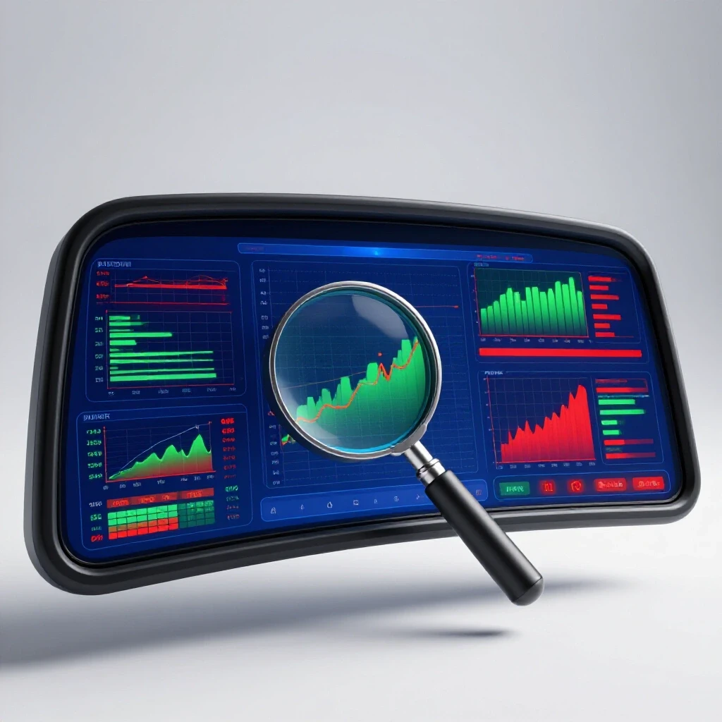 High-tech dashboard with colorful analytics and a magnifying glass highlighting a graph against a clean studio background.