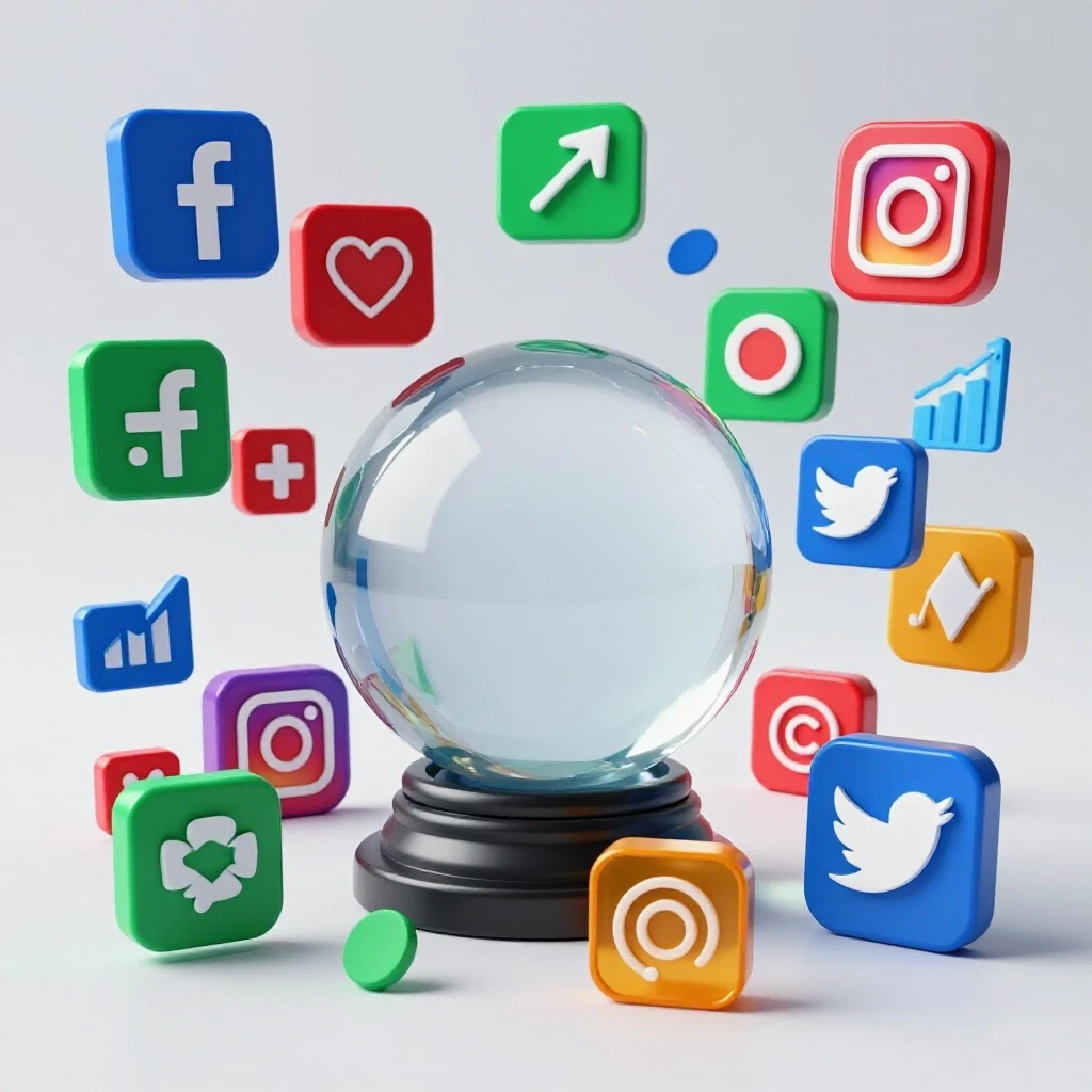 A crystal ball in a bright studio, surrounded by vivid social media icons and graphs, symbolizing forecasting.