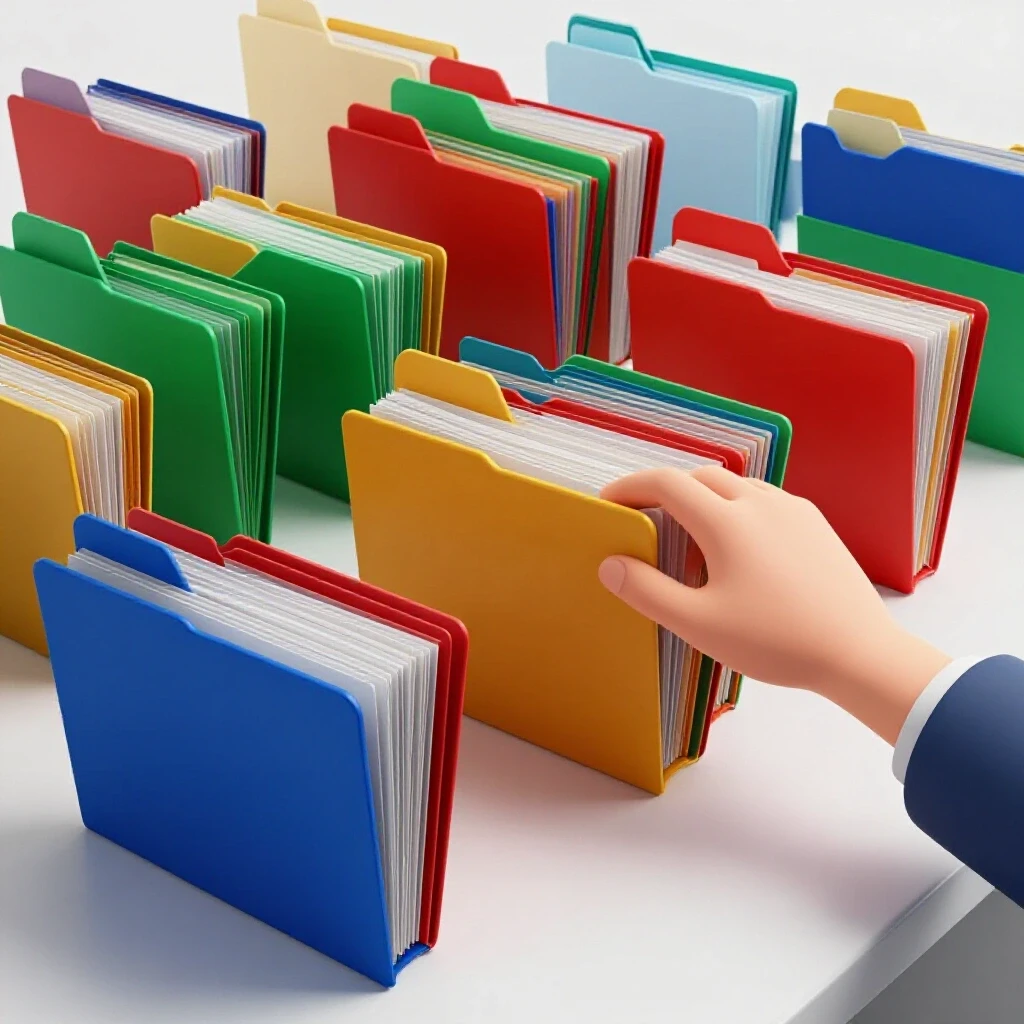 A colorful, organized workspace with vibrant folders symbolizing social media categories and an animated hand sorting through them.