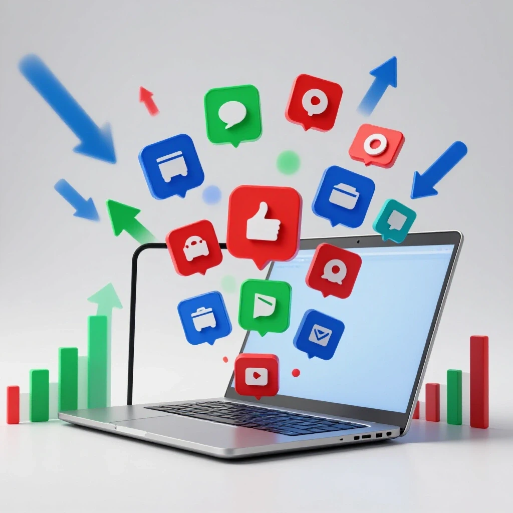 A modern laptop emerging with vibrant social media icons and dynamic graphs, symbolizing social media growth.