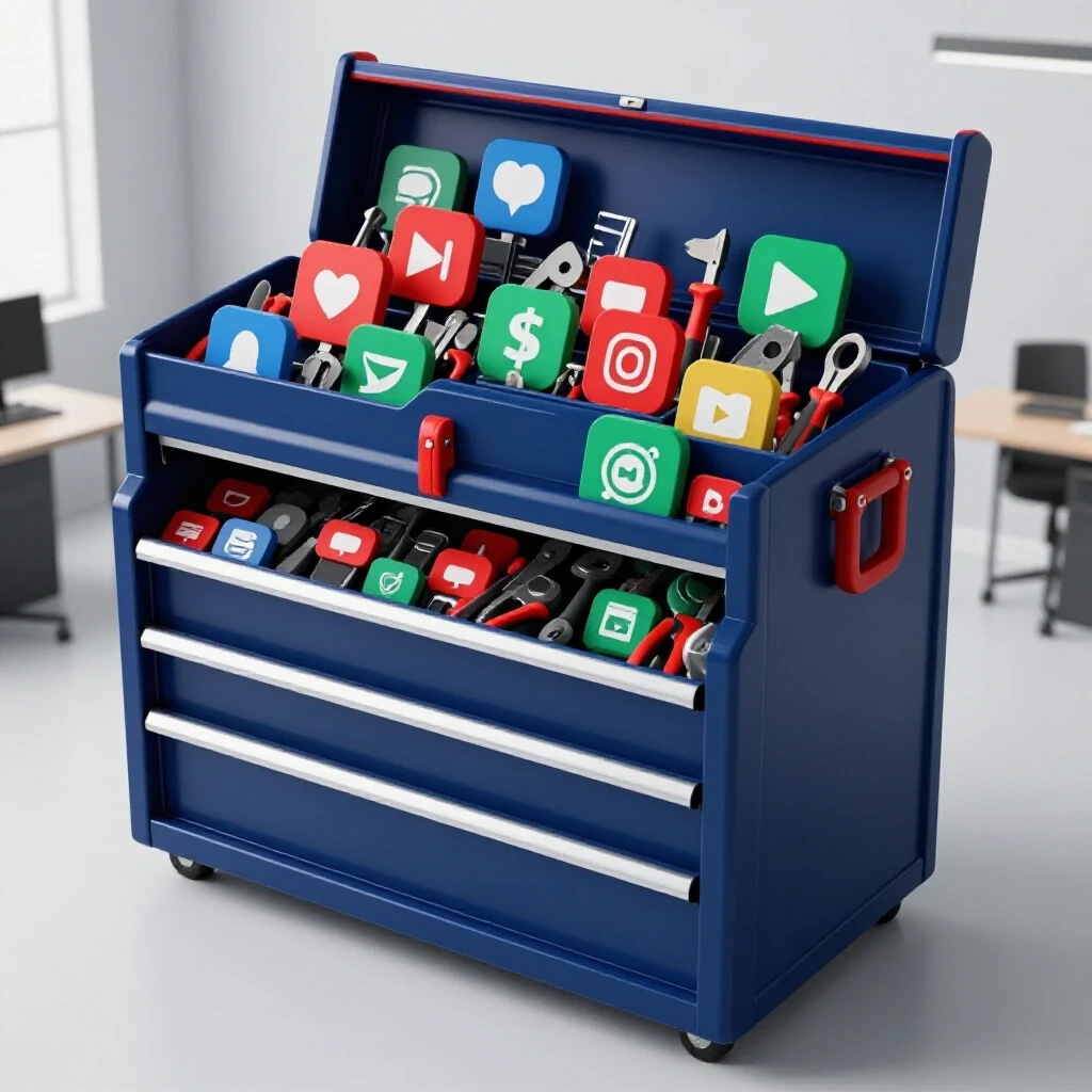 A detailed toolbox filled with vibrant social media icons and tools in a bright office setting.