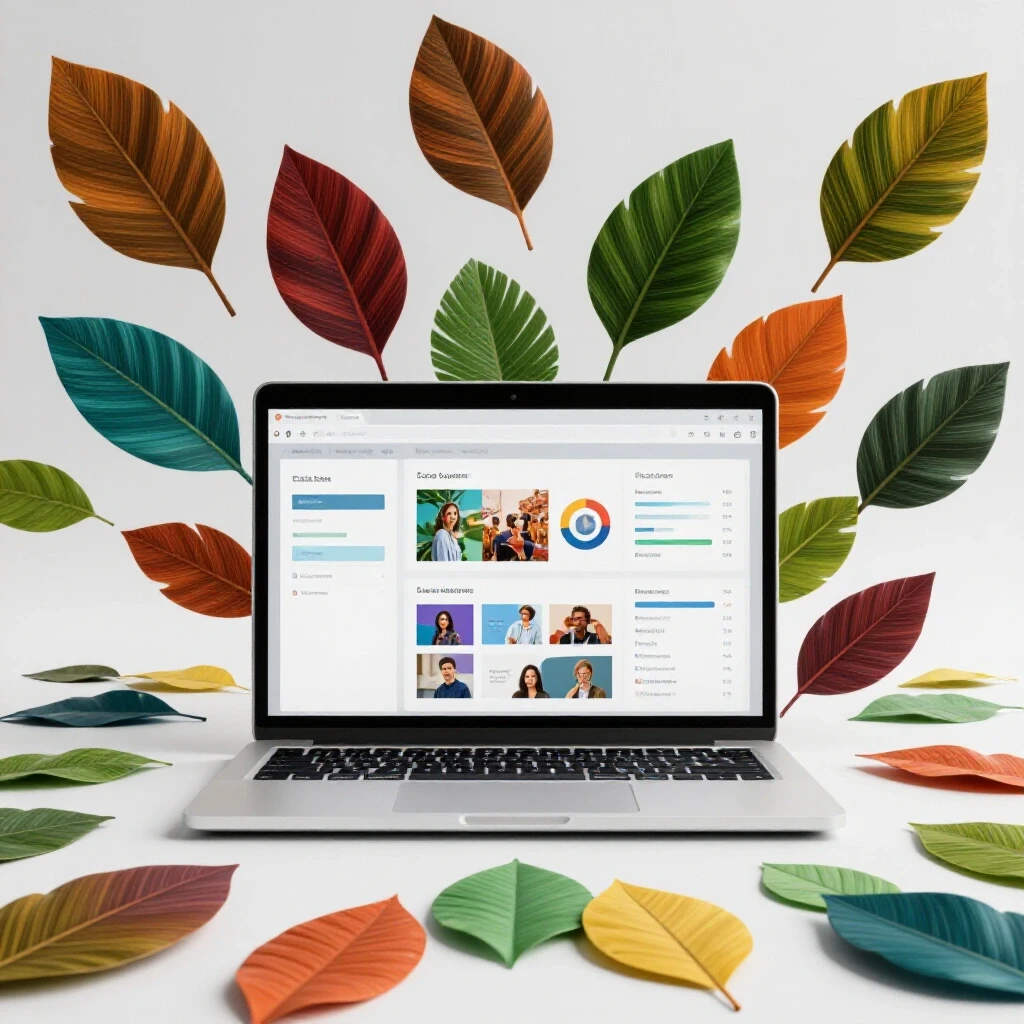 A laptop showing a social media analytics dashboard with colorful templates illustrating creativity and growth.