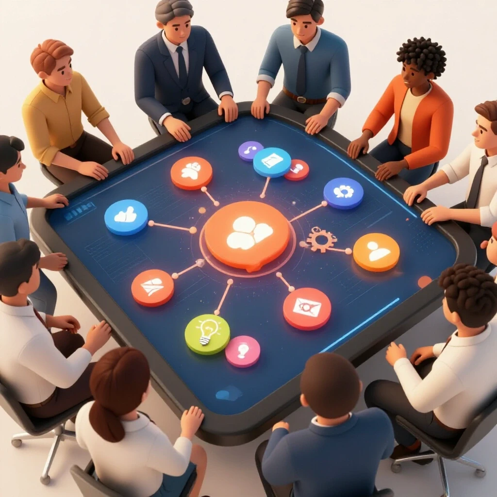 A diverse team gathered around an interactive touchscreen with social media icons, symbolizing teamwork and innovation.