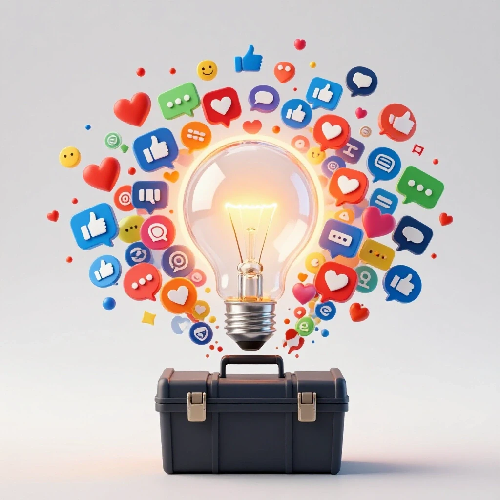 A bright 3D-rendered light bulb surrounded by vibrant social media icons exploding from a toolbox in a clean studio setting.