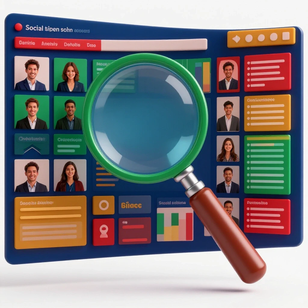 A magnifying glass focusing on a vibrant social media dashboard displaying team avatars and metrics.