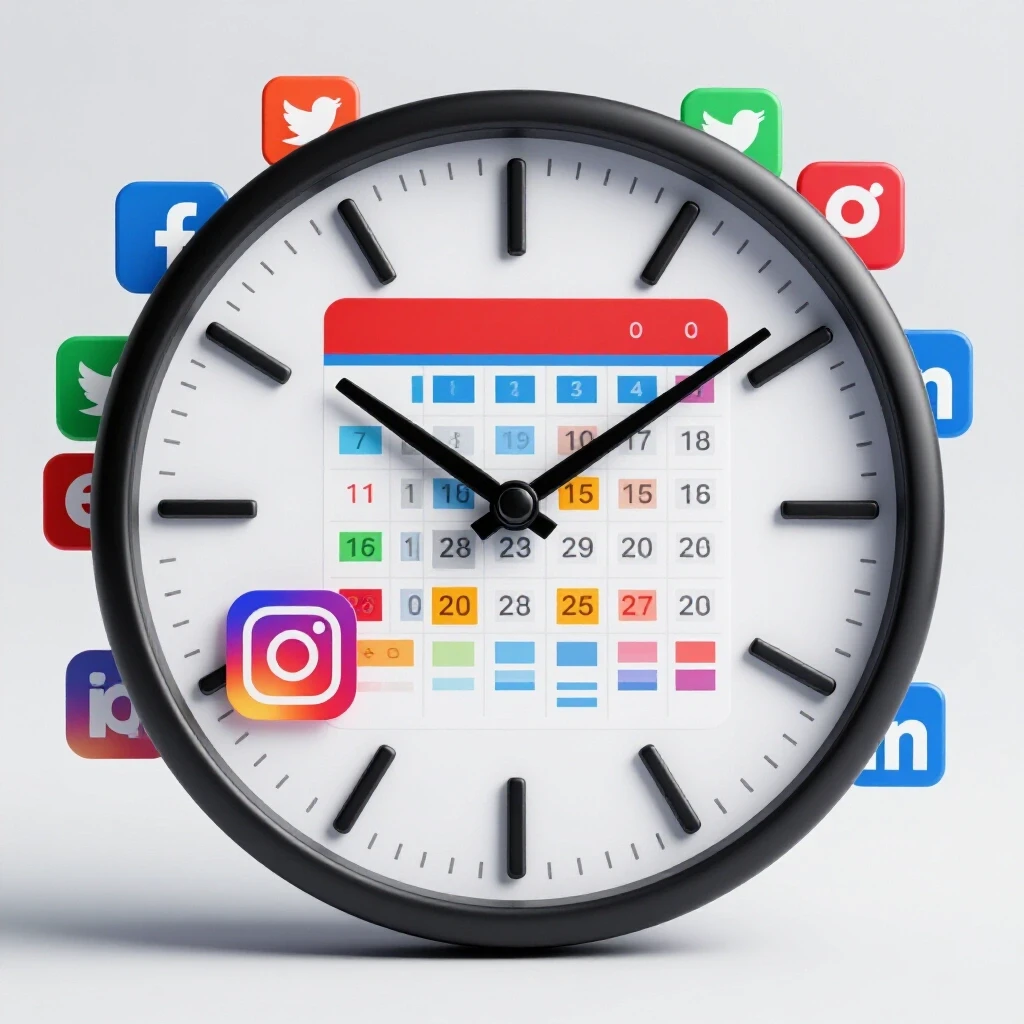 A polished 3D digital clock with vibrant social media icons and a colorful calendar for scheduling posts on a bright background.