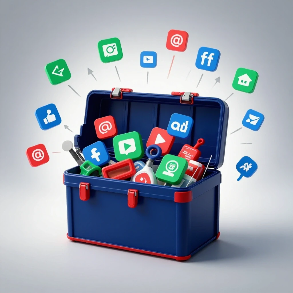 Vibrant toolbox with social media icons and tools on a clean digital background, symbolizing asset management.