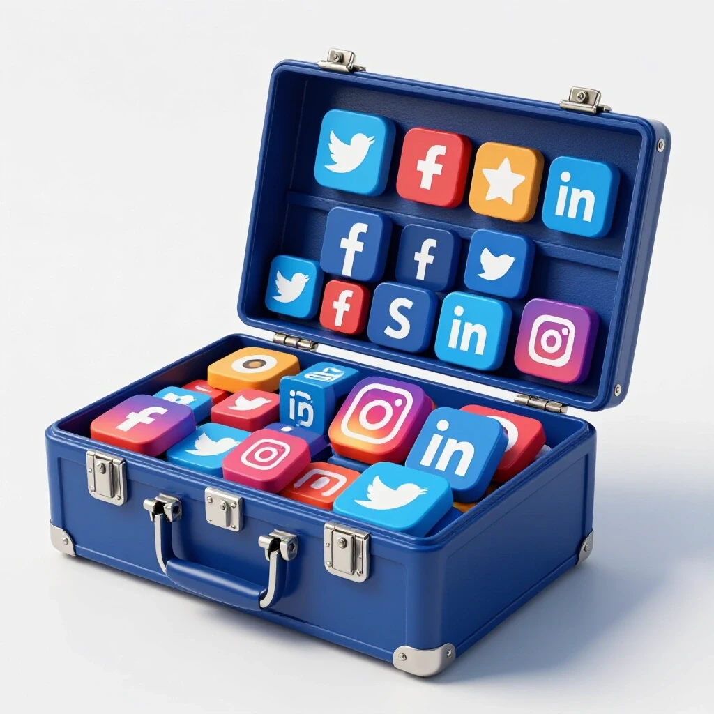 A toolbox filled with vibrant social media icons, symbolizing campaign management tools and strategies.
