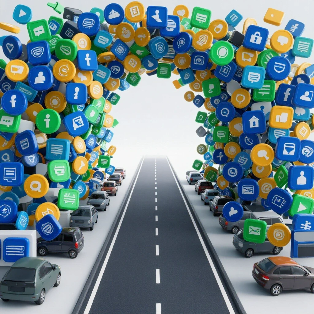 An artistic representation of social media approval bottlenecks, showing chaotic icons versus a clear path to resolution.