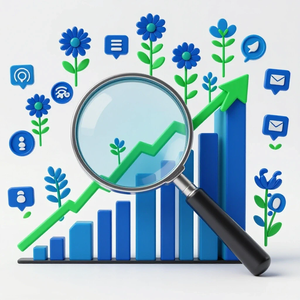 A magnifying glass over an upward-trending graph with colorful social media icons, symbolizing growth and engagement.