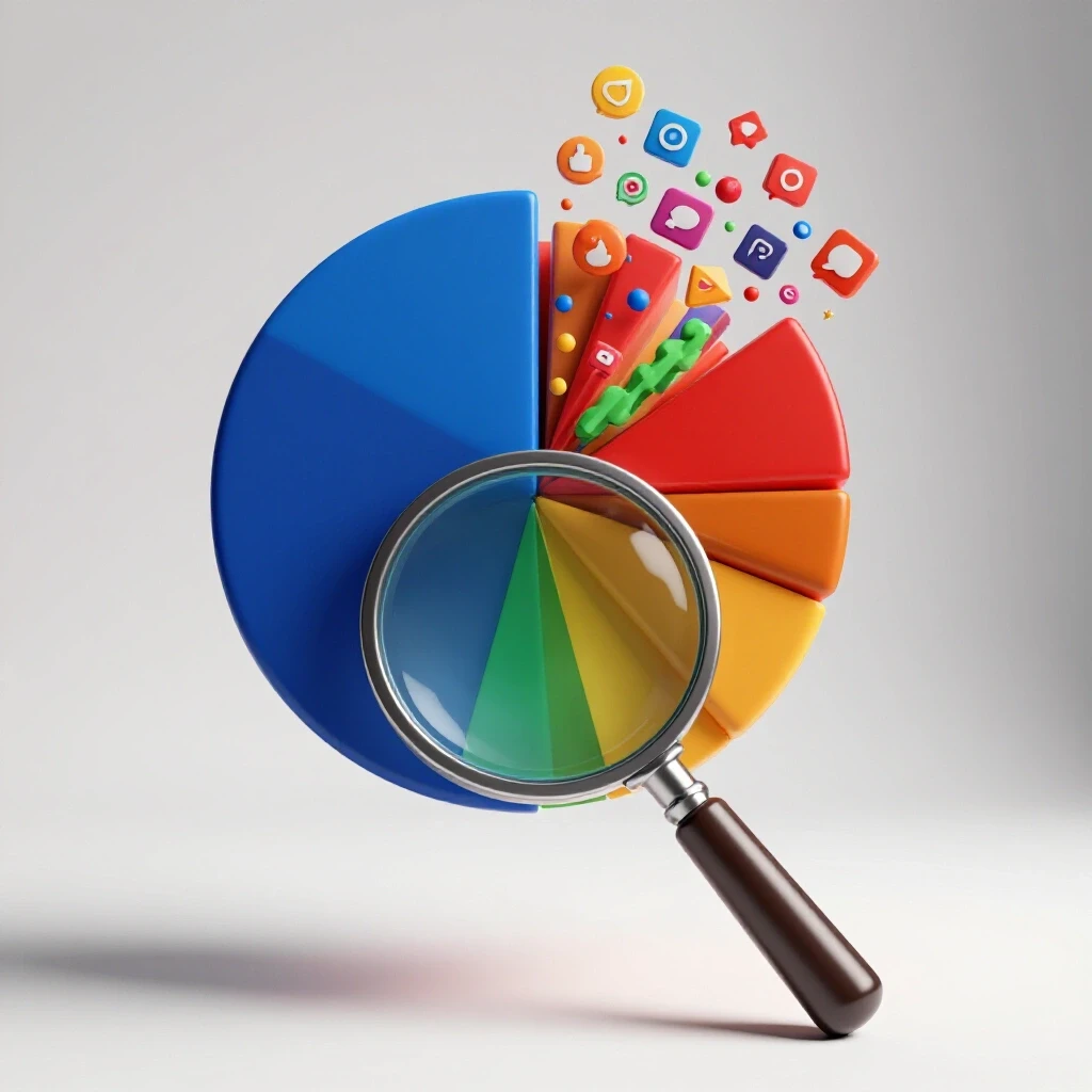 A vibrant 3D-rendered pie chart merging into a magnifying glass, surrounded by colorful social media icons, on a bright background.