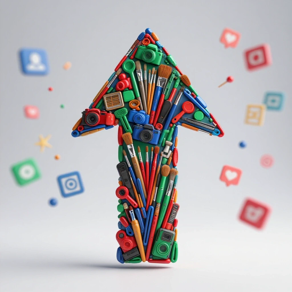 A vibrant upward arrow made of colorful creative tools symbolizes growth in social media, set against blurred icons.