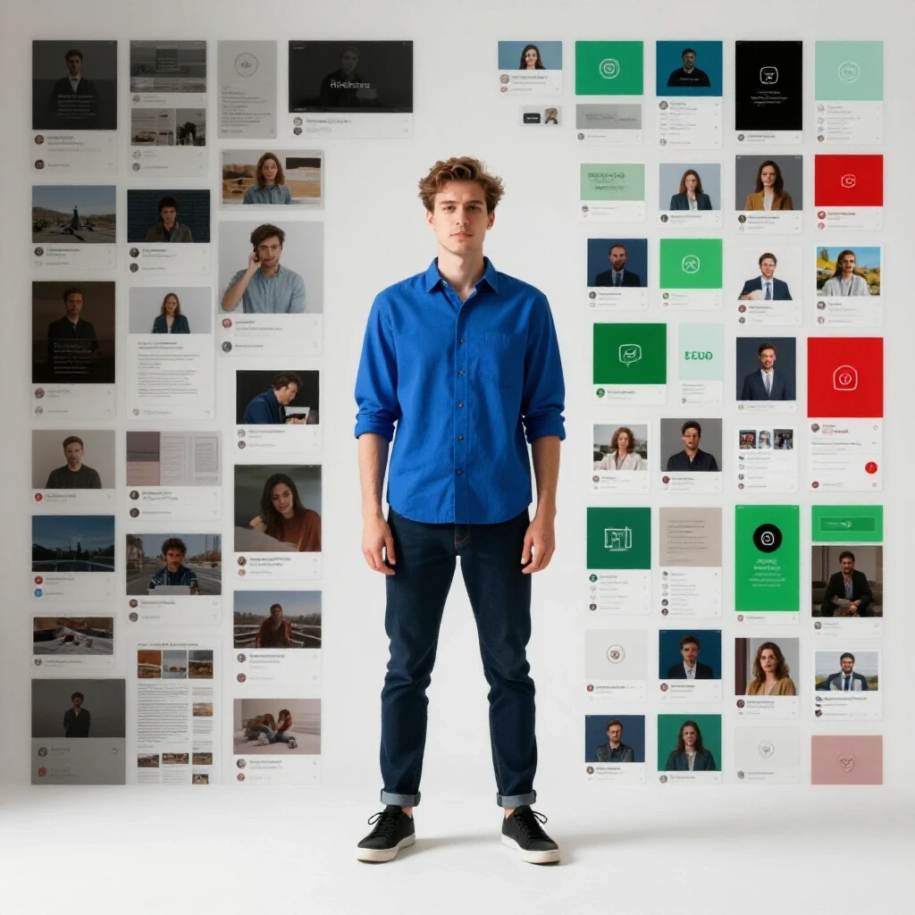 A split image showcasing chaos on the left with a cluttered social media feed and organization on the right with a clean feed of targeted ads.