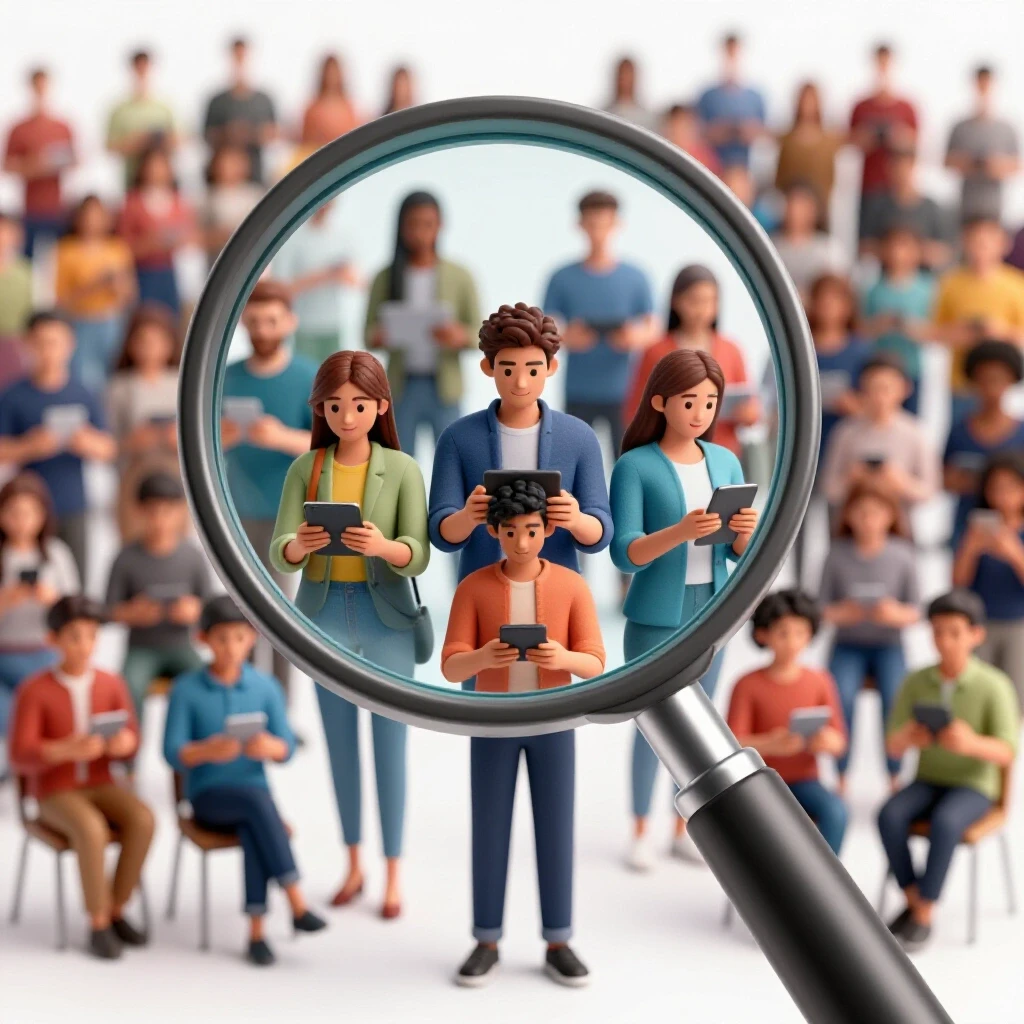 A magnifying glass highlighting a vibrant group of people using digital devices against a blurred crowd background, symbolizing focused targeting.