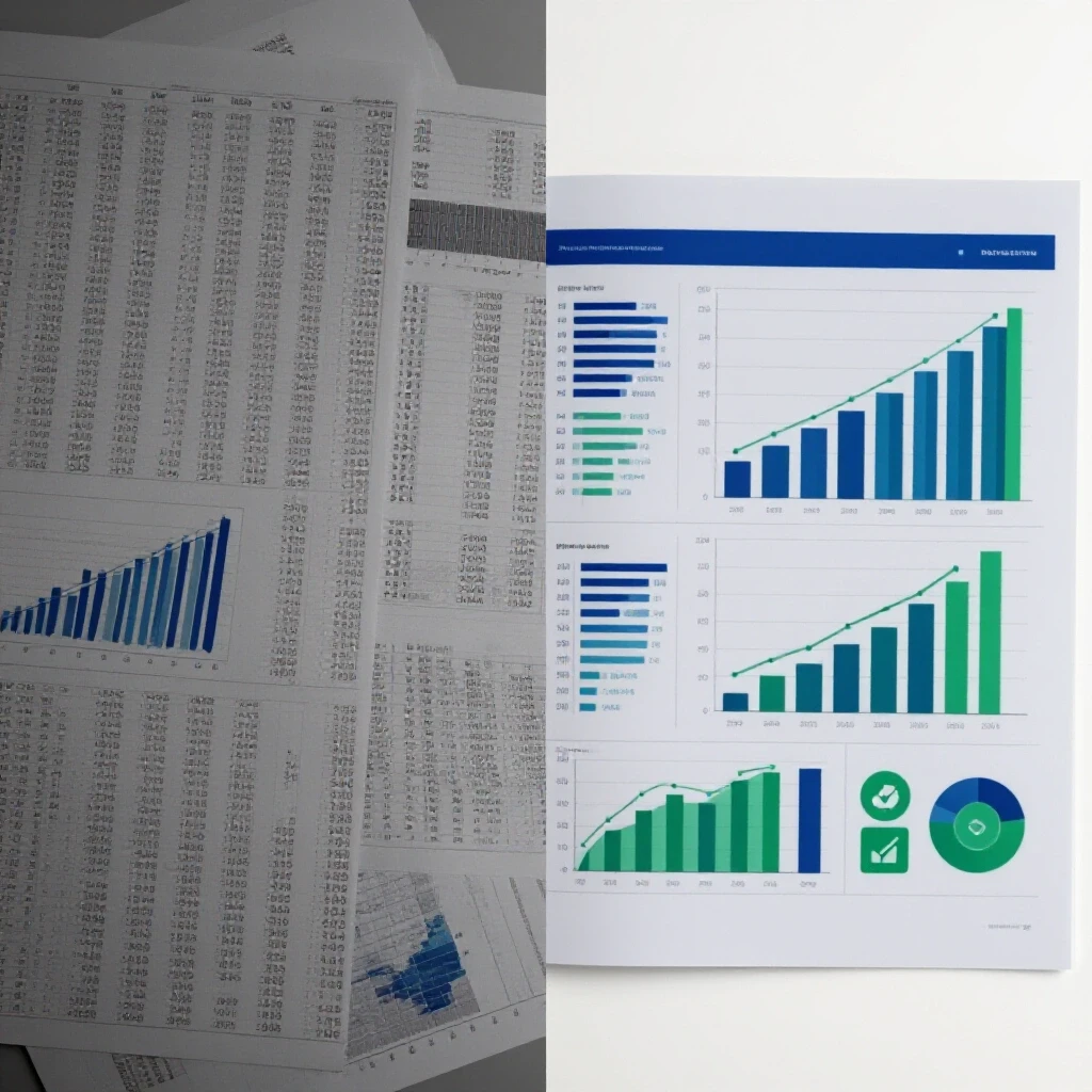 A visual comparison of chaotic social media ads reporting on one side and an organized, colorful version on the other side.