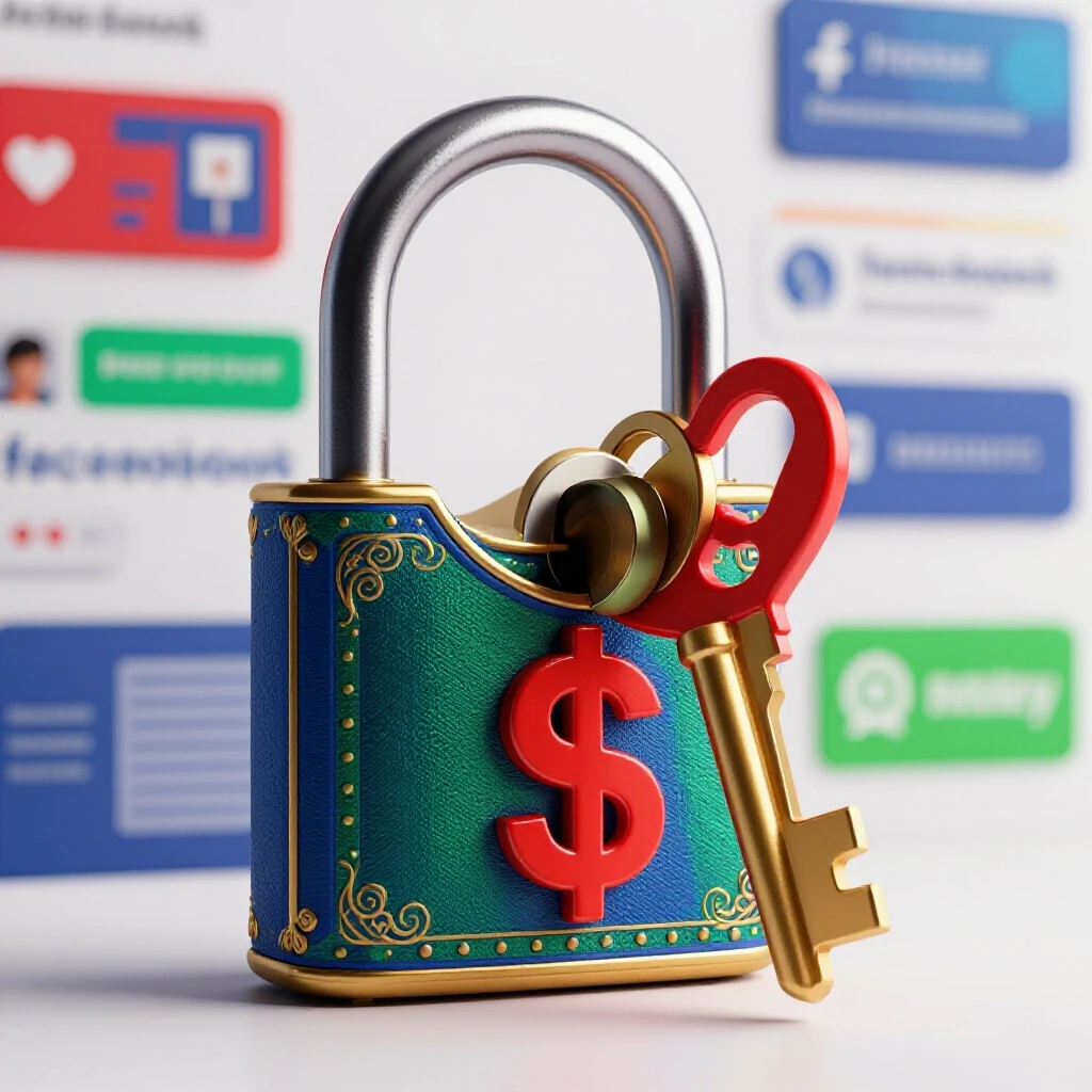 A vibrant 3D image of an ornate lock opened by a dollar sign key, surrounded by blurred Facebook ad elements, showcasing cost control in ads.
