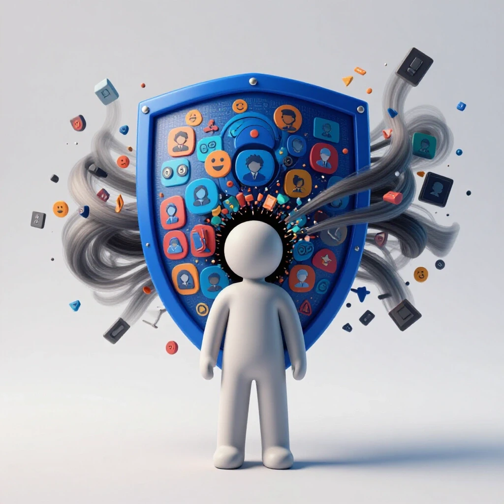 A protective parent figure in front of a vibrant digital shield blocking chaotic adult-themed symbols, symbolizing online safety.