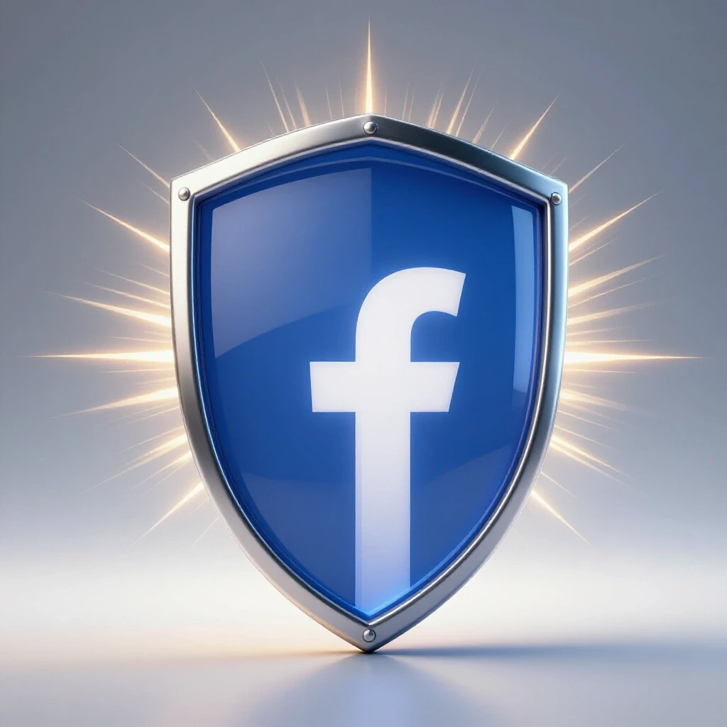 A giant translucent Facebook logo blocked by a sleek shield with vibrant rays, symbolizing protection against pop-ups.