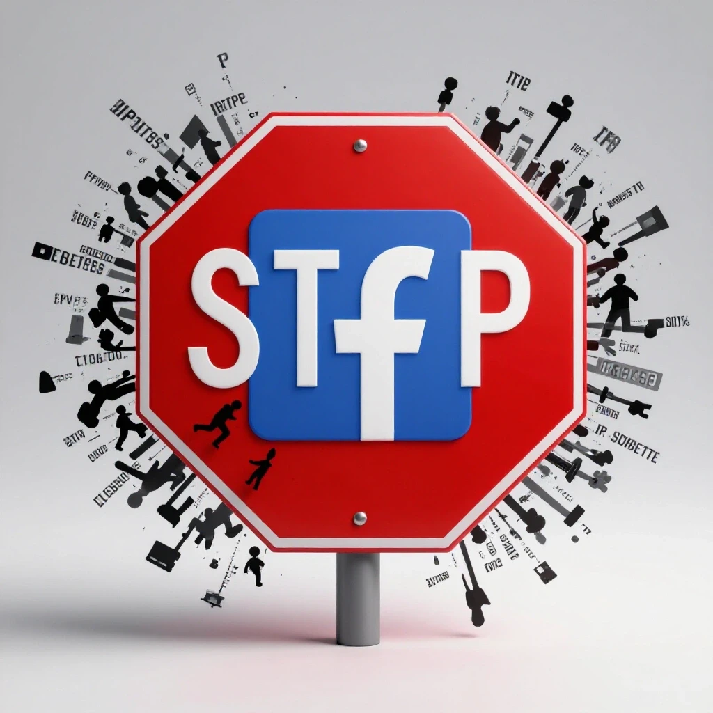 A red stop sign over the Facebook logo, with dark silhouettes of IP addresses trying to breach, symbolizing blocking strategies.