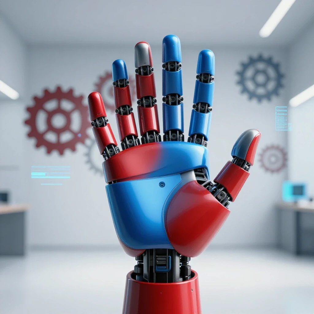 A robotic hand merging with a human hand against a bright background, symbolizing automation and creativity.