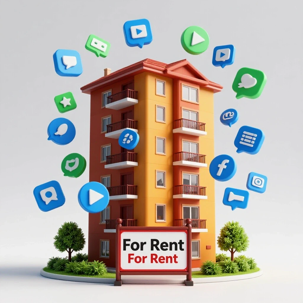 A vibrant apartment with a 'For Rent' sign lifted by colorful social media icons, symbolizing growth in rentals.