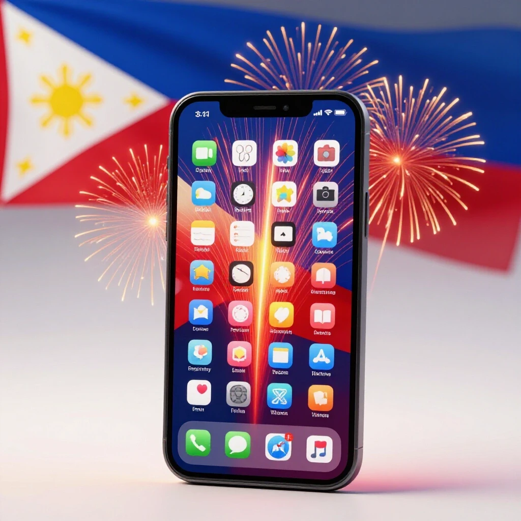 A vibrant smartphone with app icons bursting out like fireworks against a colorful background inspired by the Philippine flag.