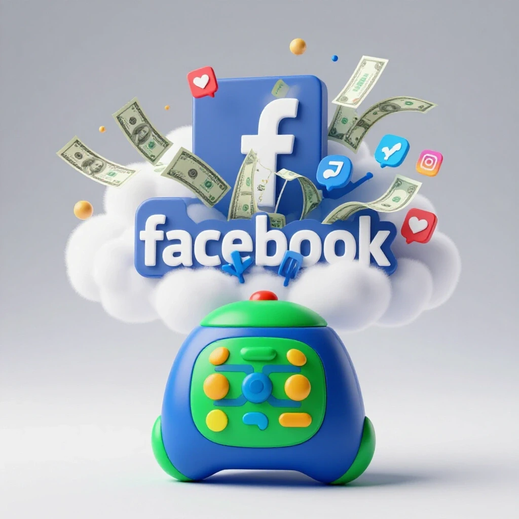 A colorful baby toy in the foreground with a stylized Facebook logo and dollar bills in the background, symbolizing sales growth.