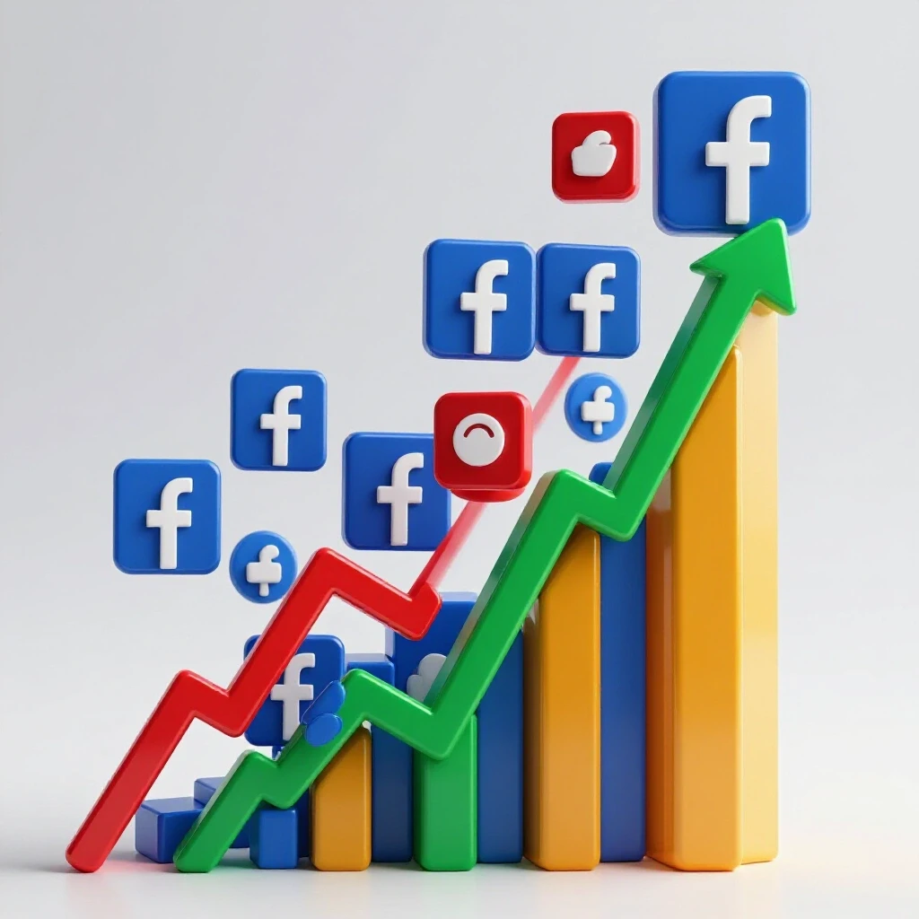 Dynamic 3D graph with vibrant Facebook icons, representing social media growth and engagement