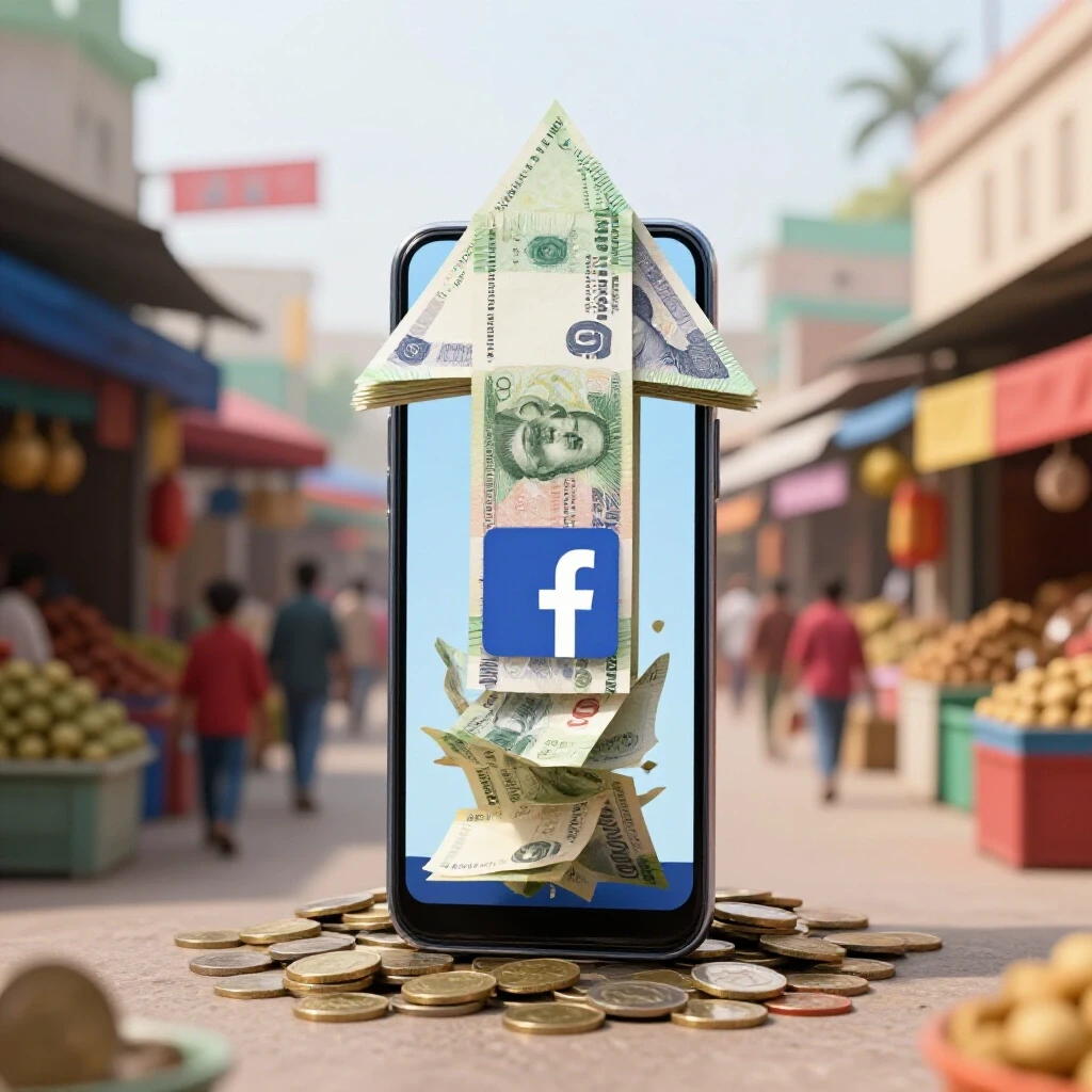 A smartphone with the Facebook logo shows a vibrant arrow of banknotes and coins symbolizing growth in BKash sales.