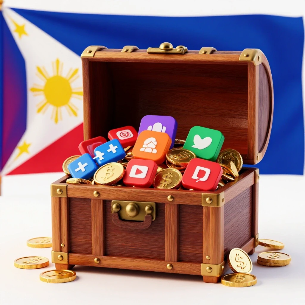 A treasure chest overflowing with digital coins and social media icons set against the Philippine flag background, symbolizing opportunities in Facebook Ads.