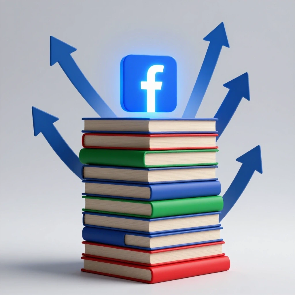 A vibrant stack of colorful books with a glowing Facebook logo above, surrounded by upward arrows symbolizing growth.