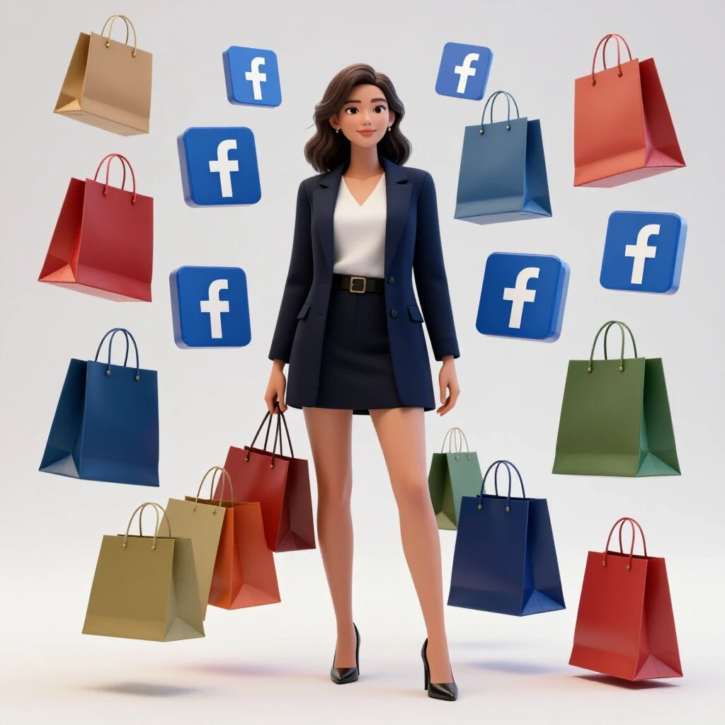 A fashionable woman surrounded by colorful shopping bags and Facebook icons in a bright studio setting.
