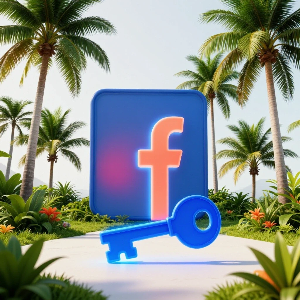 A vibrant tropical landscape in the Philippines with a glowing key unlocking a large Facebook logo, symbolizing advertising potential.