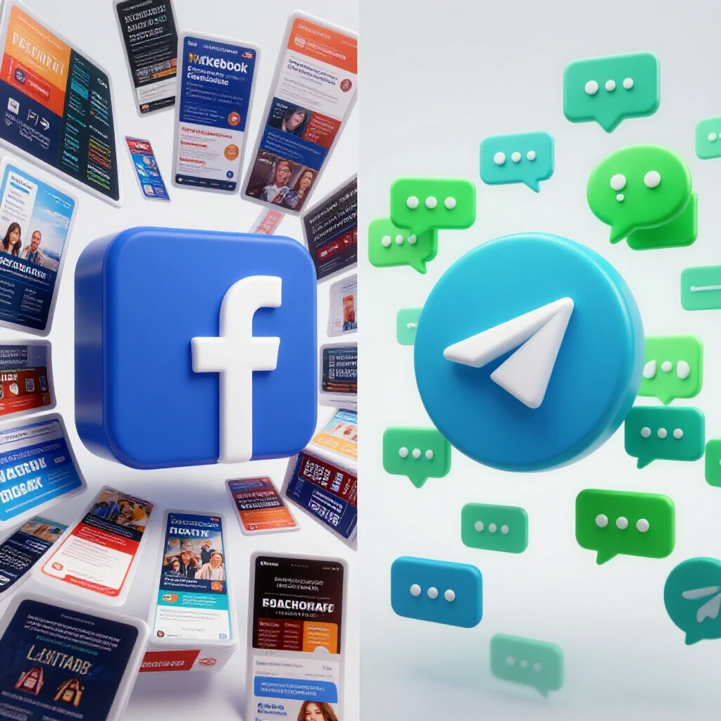 A dynamic split-screen image showing a vibrant Facebook logo with ads on one side and a Telegram logo with chat bubbles on the other.