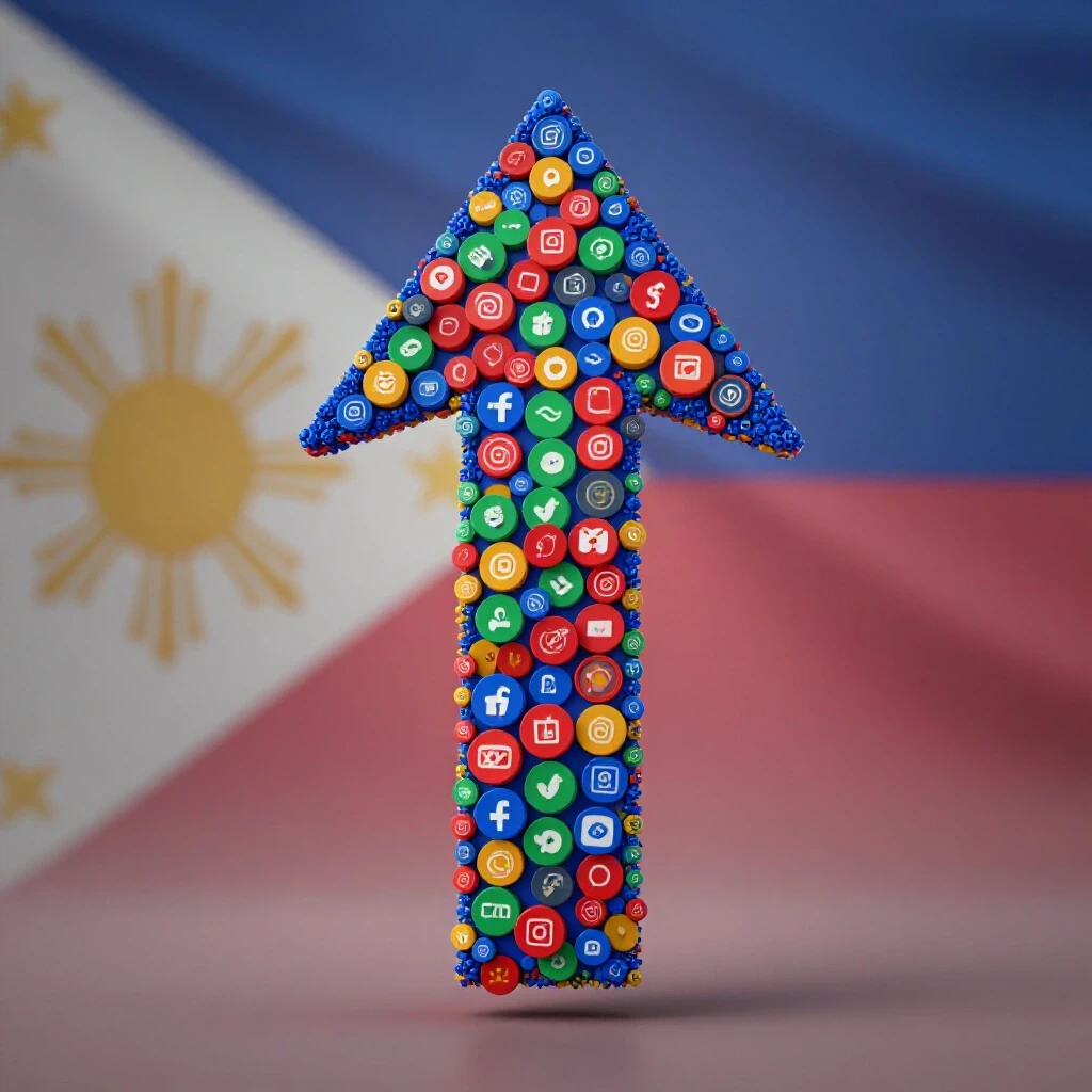 Colorful upward arrow made of social media icons against the Philippine flag, symbolizing business growth.