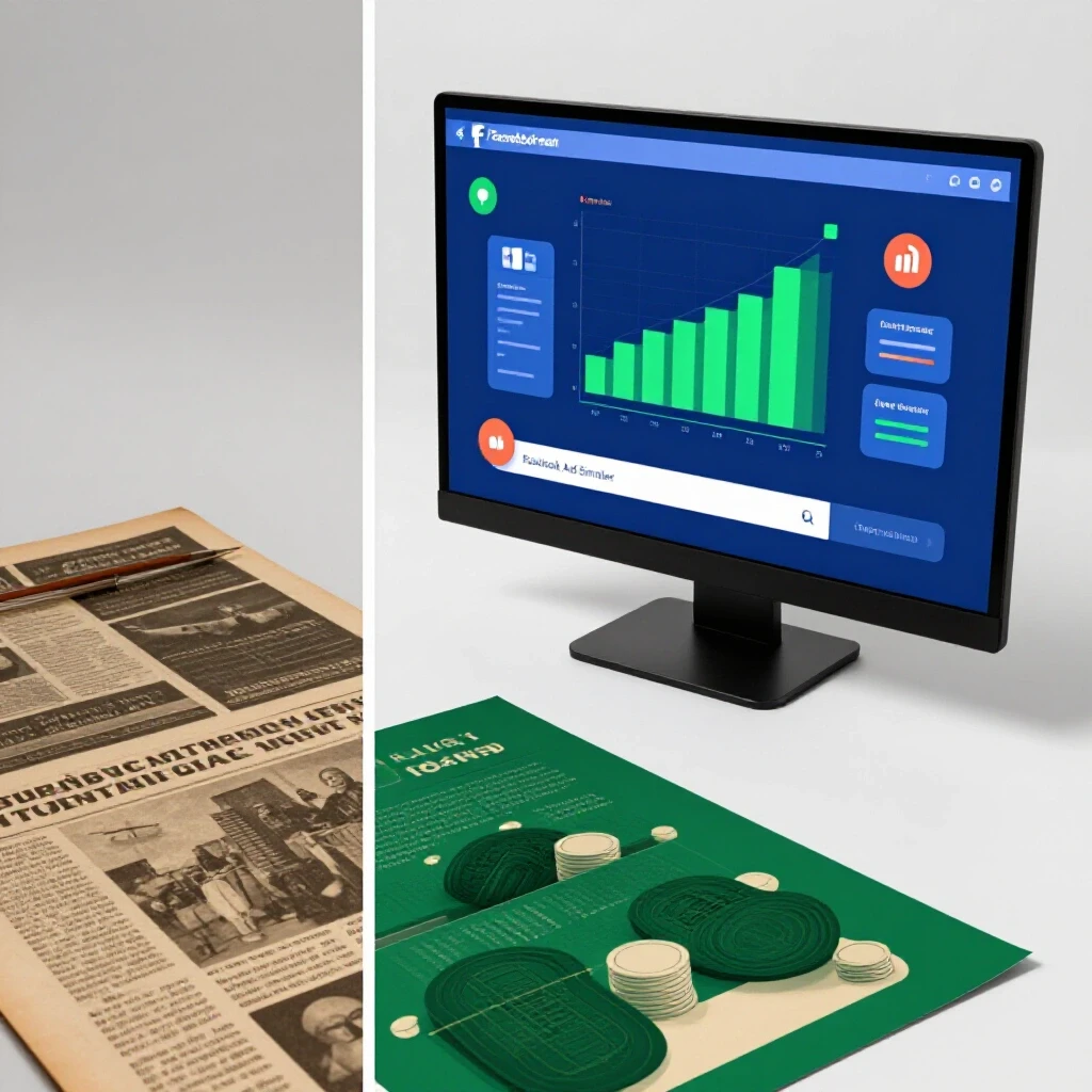 An engaging visual contrasting traditional ad campaign setup with a colorful Facebook Ad Simulator, illustrating modern digital advertising.