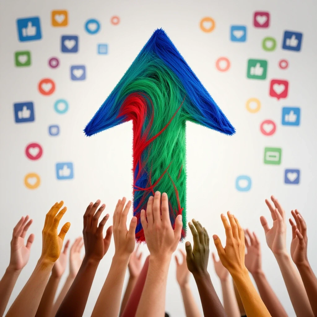 Vibrant upward arrow made of diverse hands symbolizing community support against a Facebook-like colorful interface.