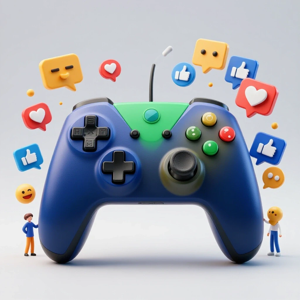 A colorful game controller surrounded by exploding social media icons, emphasizing engagement and gaming excitement.