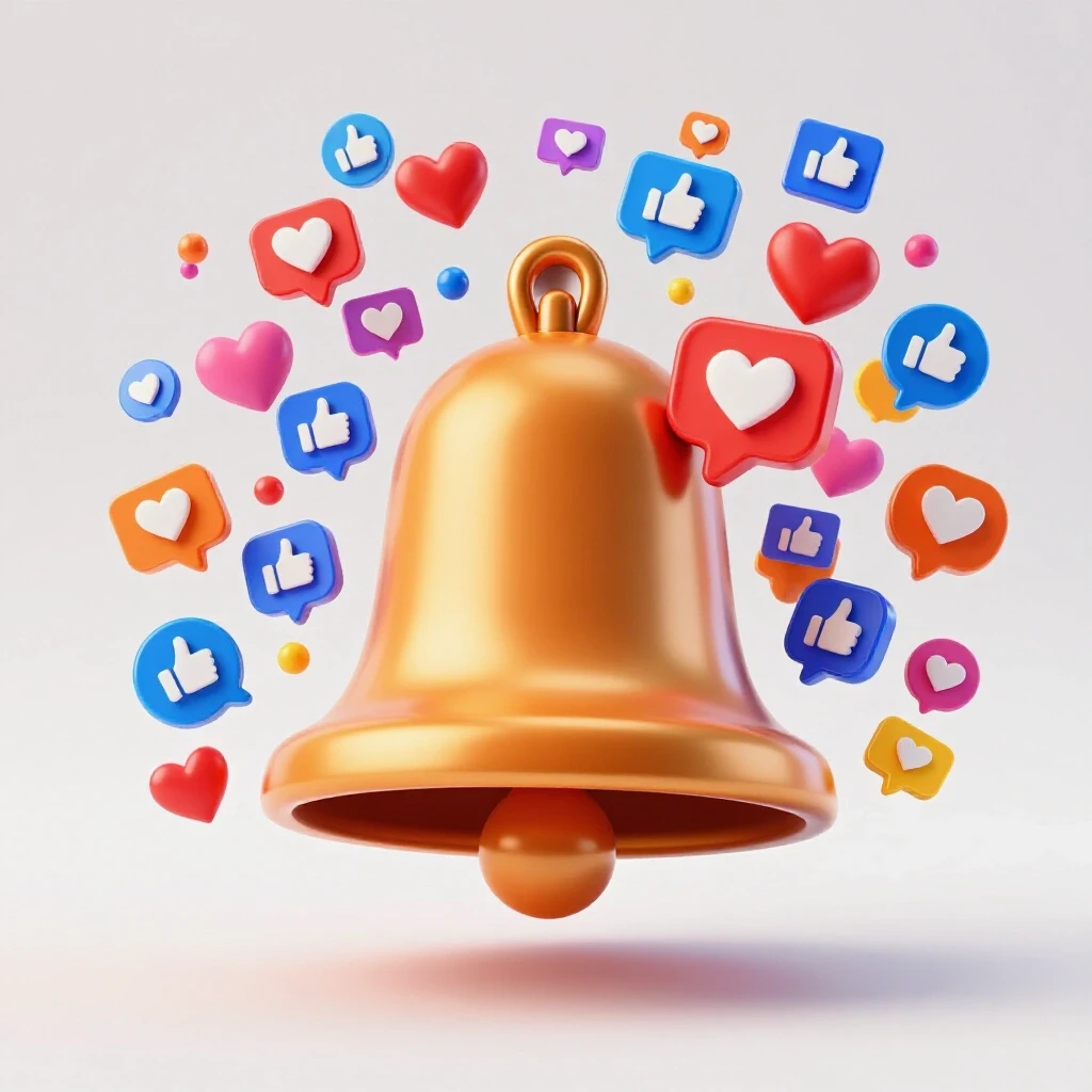 A vibrant 3D social media notification bell surrounded by colorful engagement icons like hearts and thumbs up, boosting excitement.